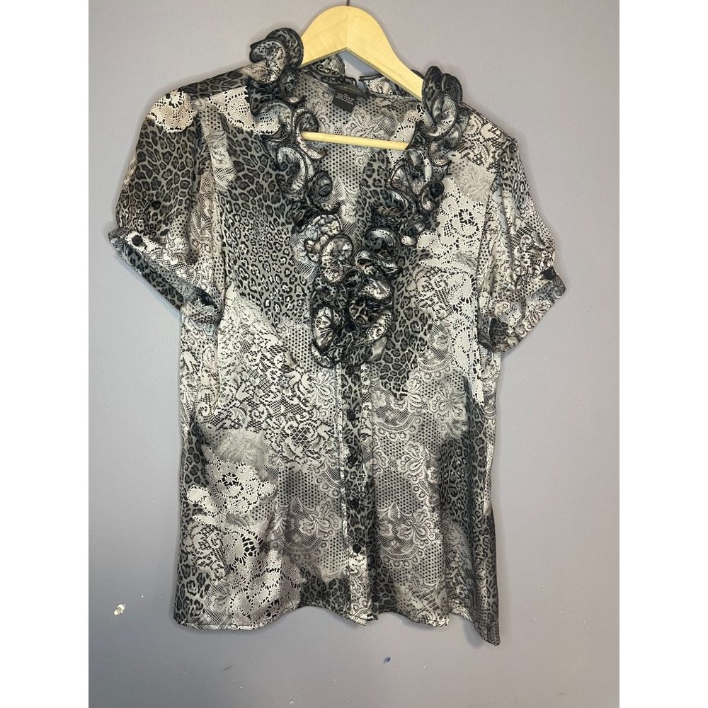 Spense Black Gray White Blouse w/Ruffle Collar Size XL